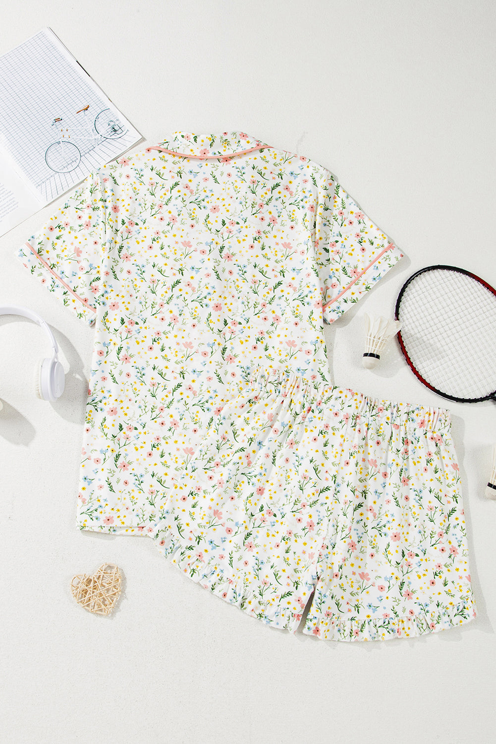 White Floral Print Ruffle Hem Shorts Pajama Set
