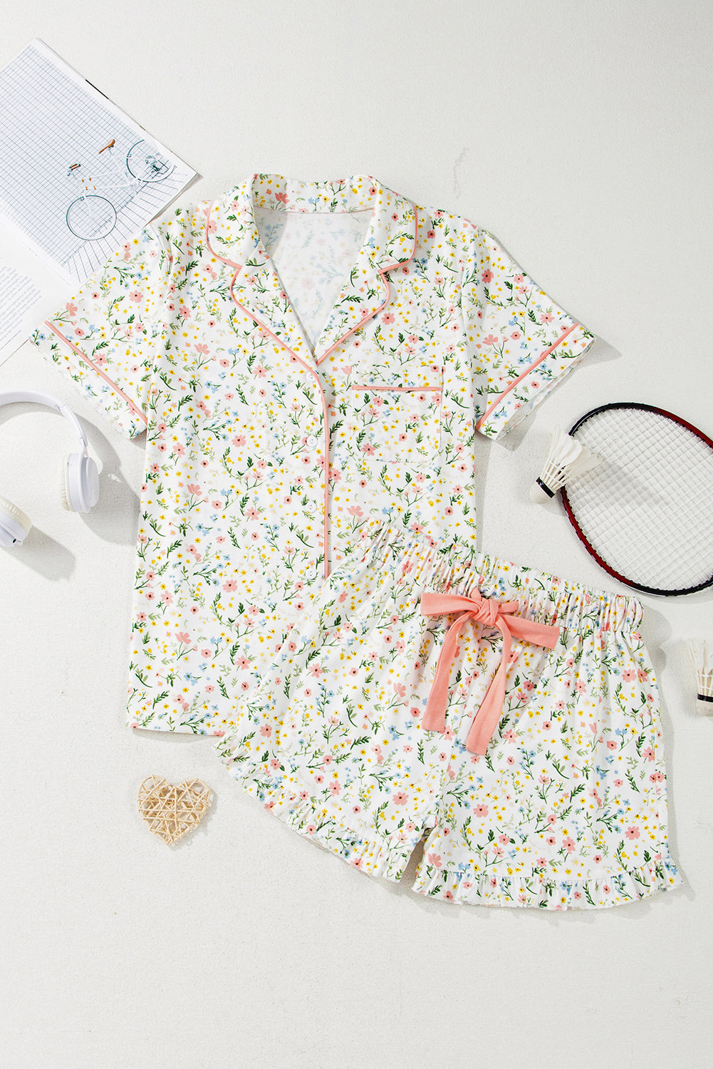 White Floral Print Ruffle Hem Shorts Pajama Set