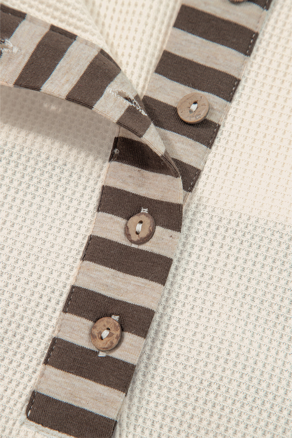 Beige Waffle Stripe Plaid Patchwork Henley Top