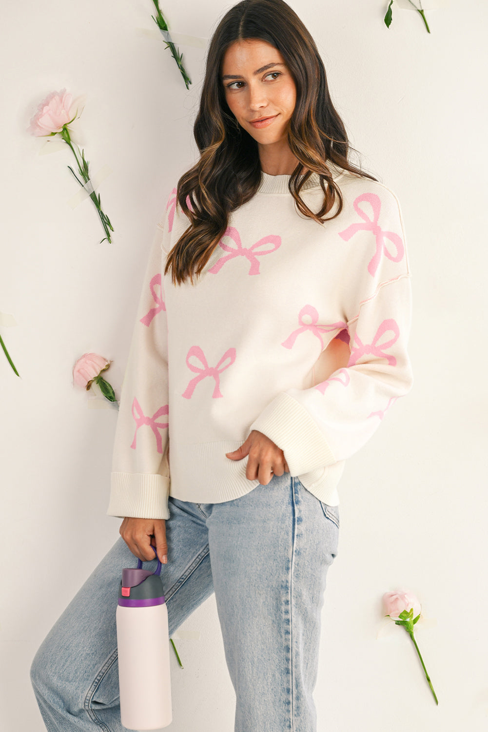 Pink Bow Print Exposed Seam Drop Sleeve Sweater