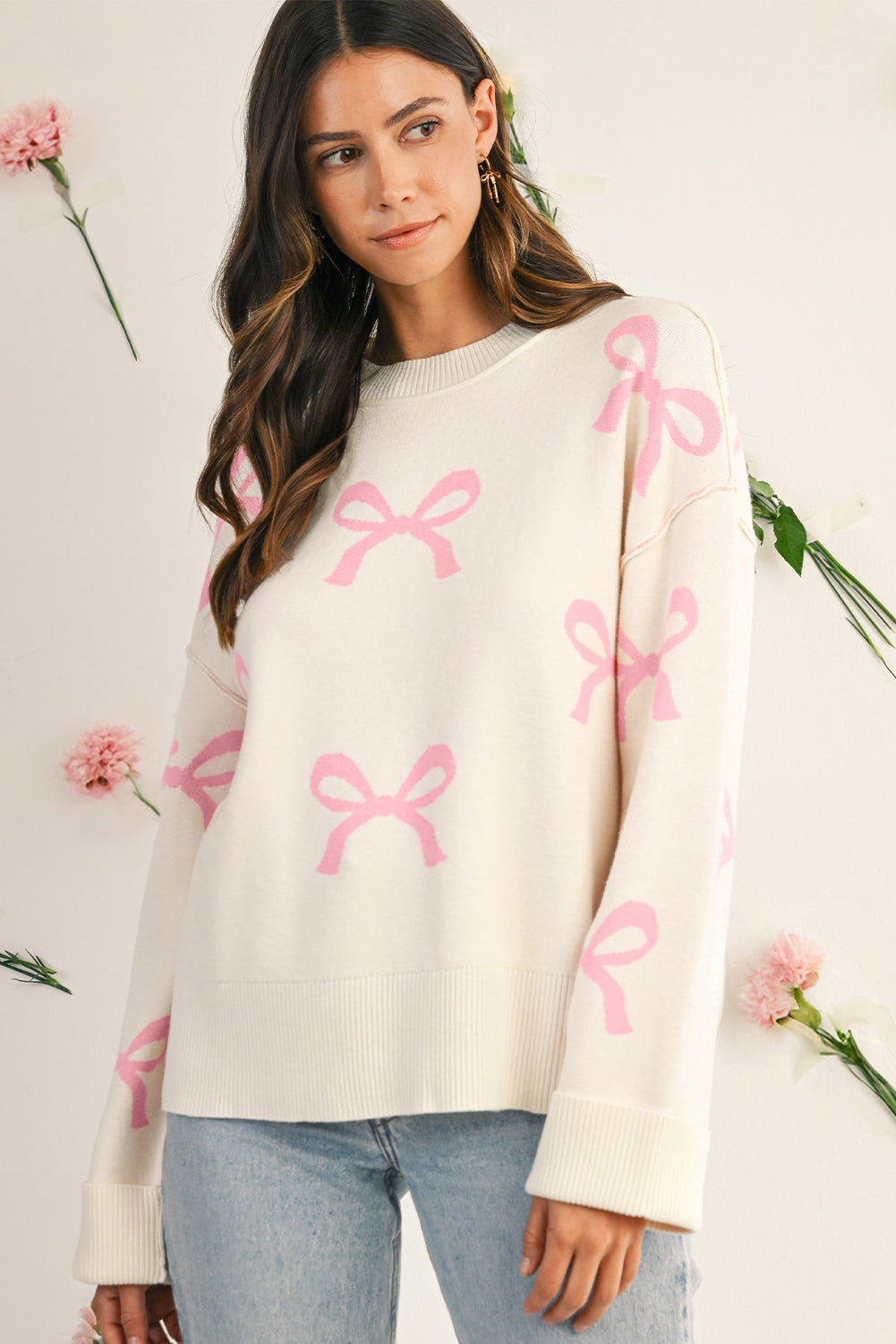 Pink Bow Print Exposed Seam Drop Sleeve Sweater