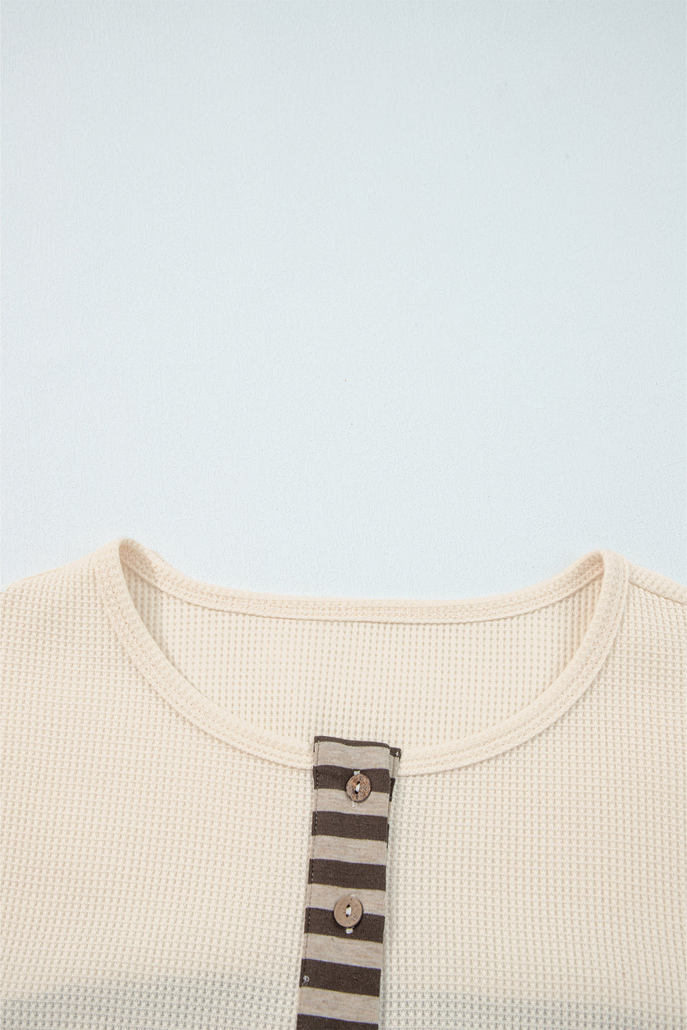 Beige Waffle Stripe Plaid Patchwork Henley Top