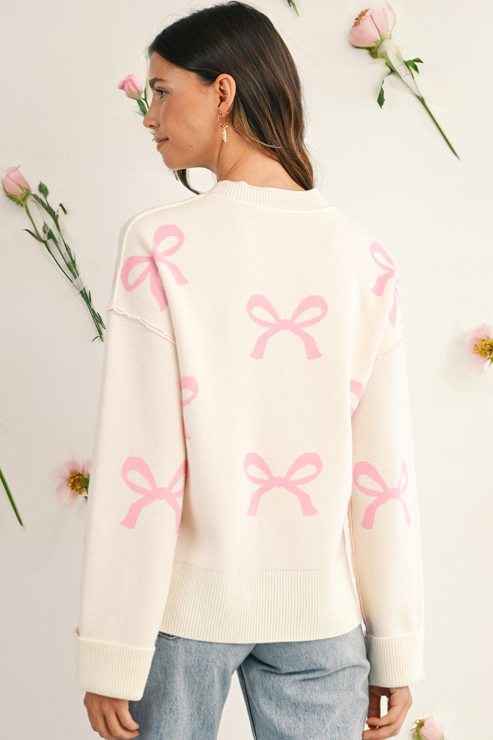 Pink Bow Print Exposed Seam Drop Sleeve Sweater