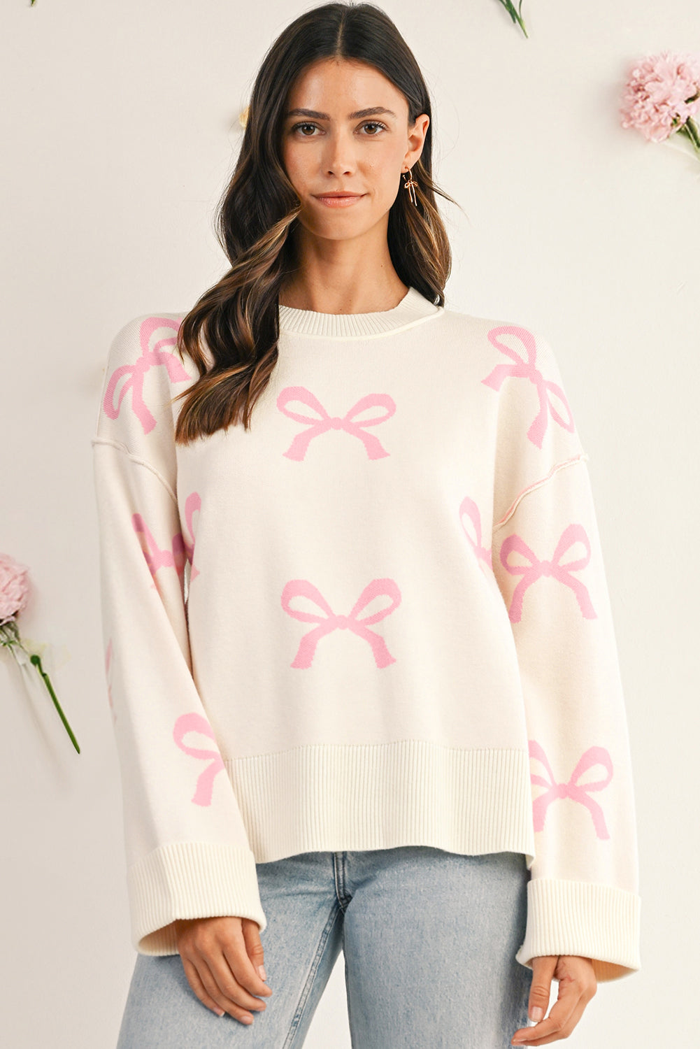 Pink Bow Print Exposed Seam Drop Sleeve Sweater