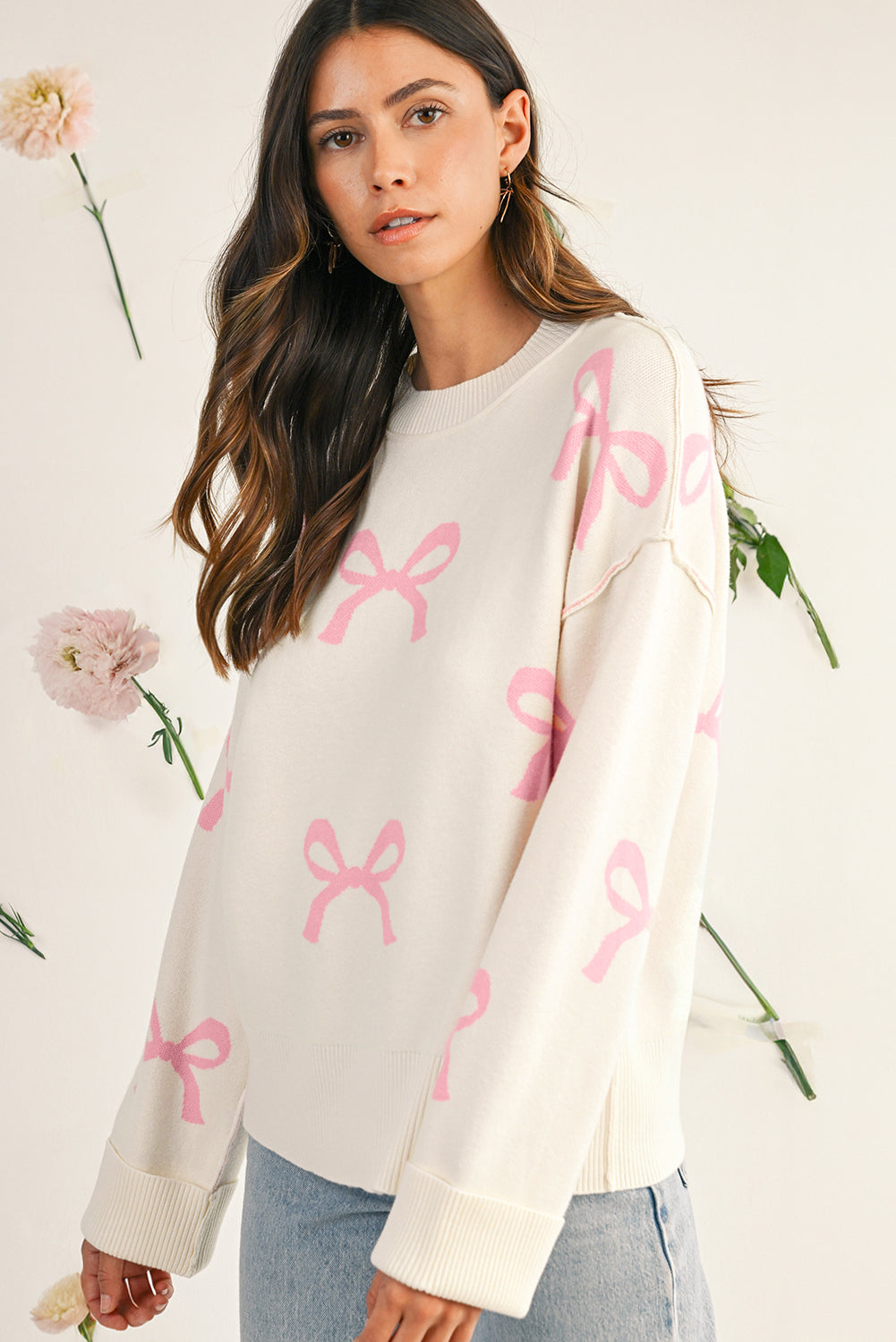 Pink Bow Print Exposed Seam Drop Sleeve Sweater