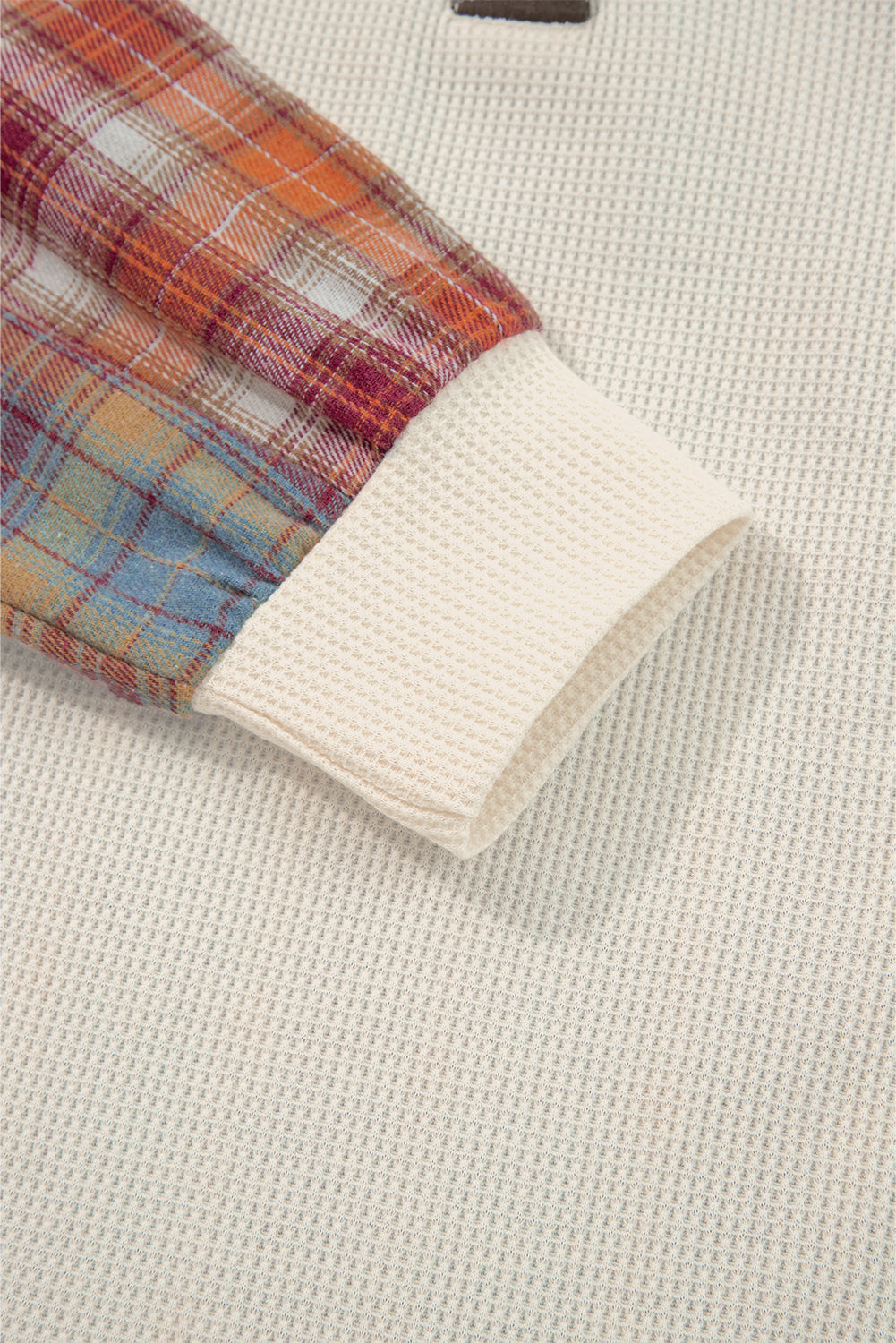 Beige Waffle Stripe Plaid Patchwork Henley Top